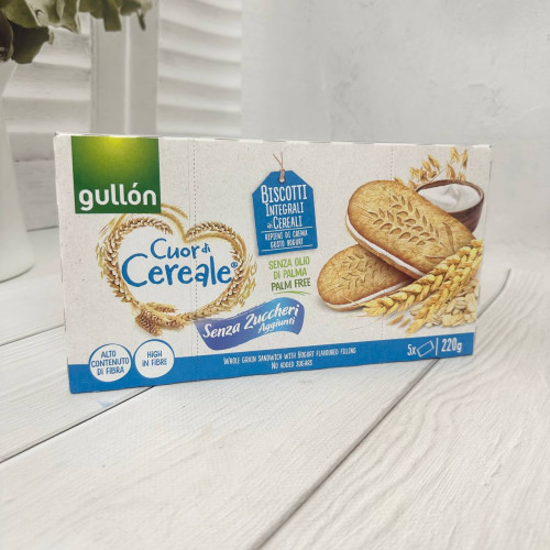 Печиво сендвіч цільнозернове з йогуртовим прошарком без цукру GULLON Cuor di Cereale, 220 г