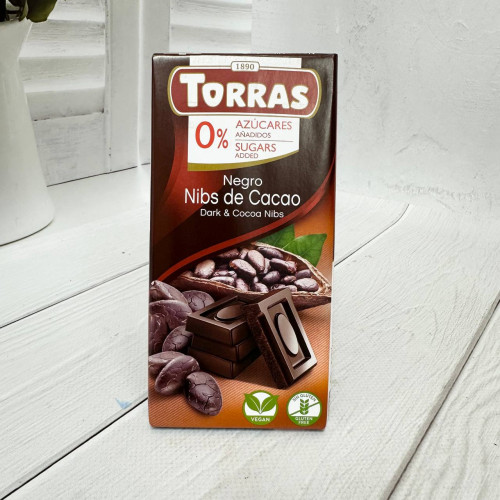 Шоколад Torras чорний  зі ШМАТОЧКАМИ КАКАО БОБІВ без цукру, 75г
