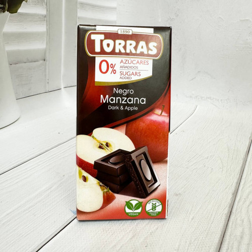 Шоколад Torras чорний  з ШМАТОЧКАМИ ЯБЛУКА без цукру, 75г